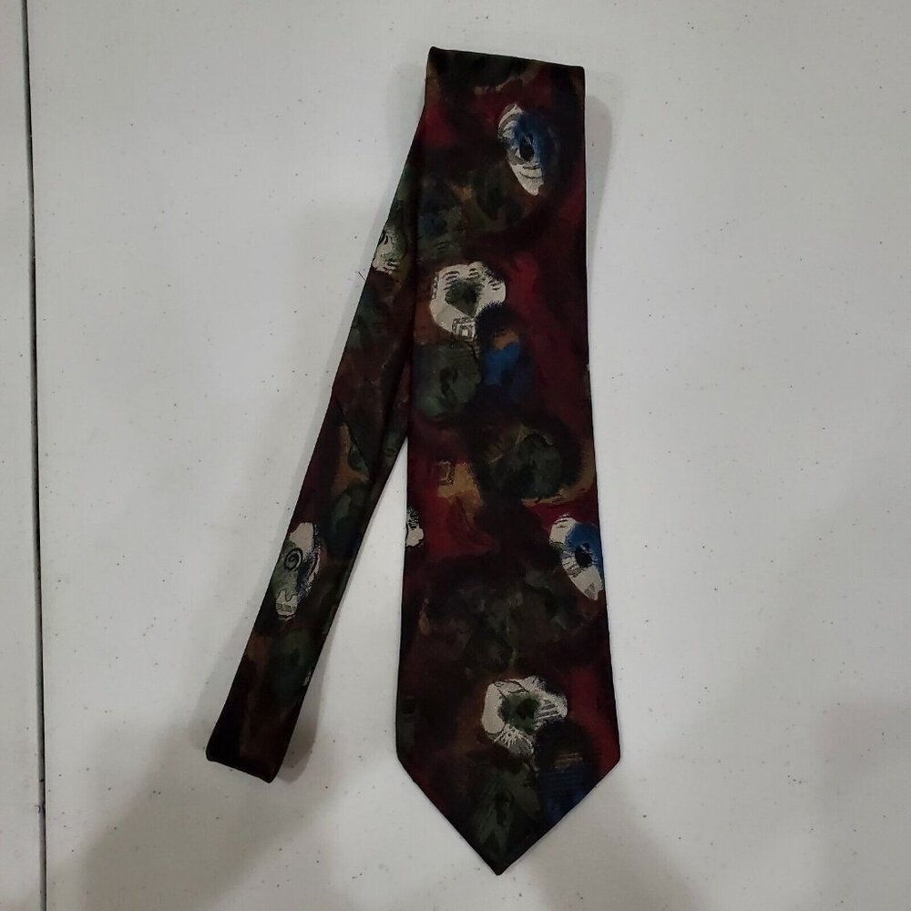 Andre Valetino Mens Dress Tie Burgundy Green Geometric Print Made in USA - Picture 1 of 5